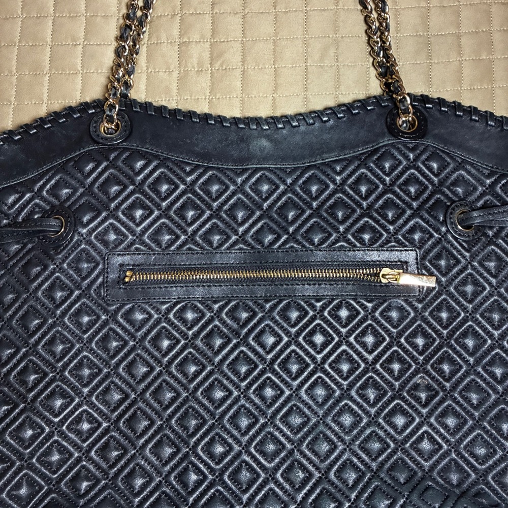 Tory Burch Marion Quilted Black Leather Tote Bag Gold Chain Shoulder Bag Large - Picture 7 of 9
